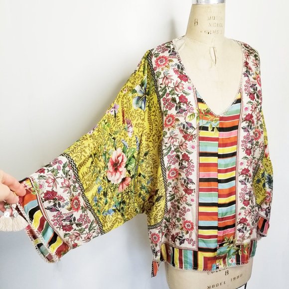 Johnny Was Colorful Floral and Stripe Blouse - Picture 2 of 13